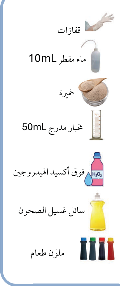 قفازات — ماء مقطر 10mL — خميرة — مخبار مدرج 50mL — فوق أكسيد الهيدروجين — سائل غسيل الصحون — ملوّن طعام