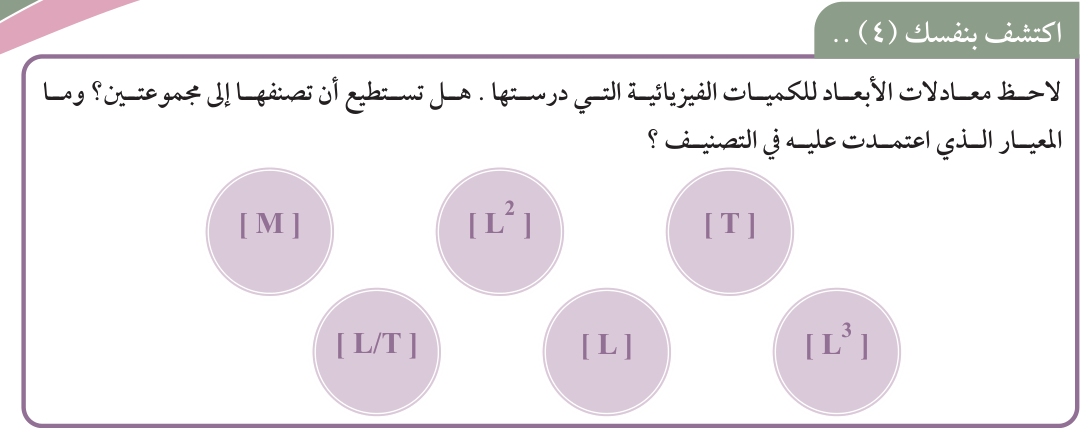 اكتشف بنفسك (4): لاحظ معادلات الأبعاد للكميات الفيزيائية التي درستها. هل تستطيع أن تصنفها إلى مجموعتين؟ وما المعيار الذي اعتمدت عليه في التصنيف؟