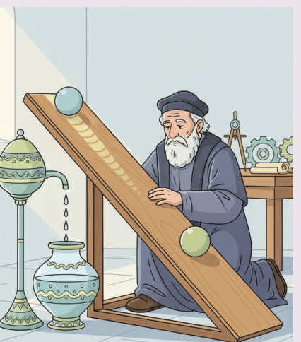 غاليليو يستخدم المستويات المائلة لتبطئ حركة الأجسام ويقيس الزمن بالساعة المائية