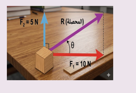شكل مثال (2): F1 = 10 N ، F2 = 5 N ، R (المحصلة) ، θ