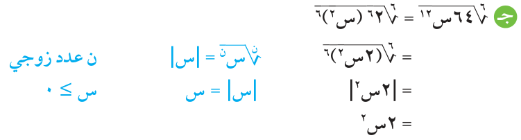مثال (1) — جـ: بسّط كلاً من التعبيرات الجذرية التالية: ⁶√(٦٤س¹²)