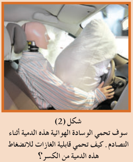 شكل (2) سوف تحمي الوسادة الهوائية هذه الدمية أثناء التصادم. كيف تحمي قابلية الغازات للانضغاط هذه الدمية من الكسر؟